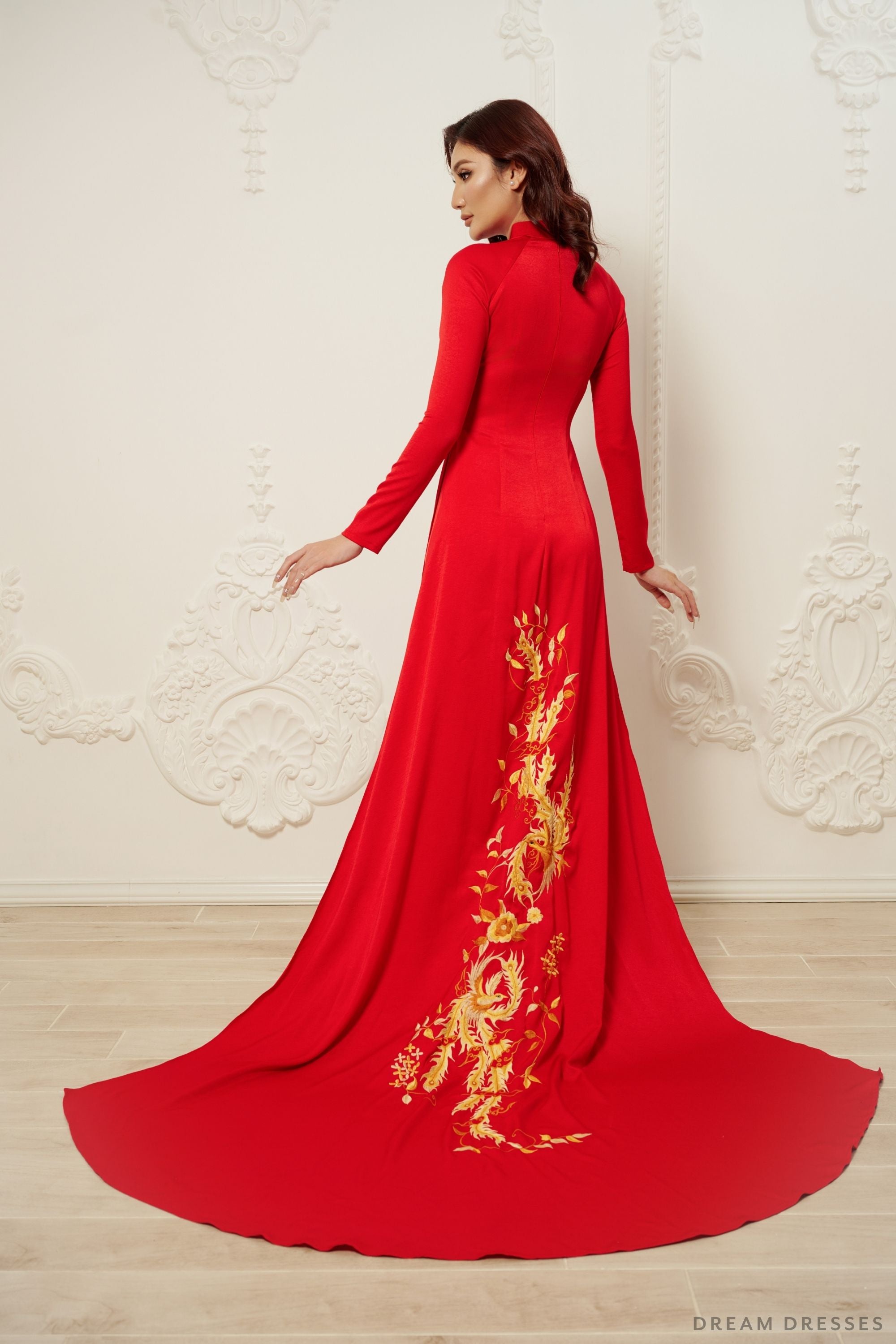 Red Bridal Ao Dai | Vietnamese Traditional Bridal Dress with Phoenix Embroidery (#PING)