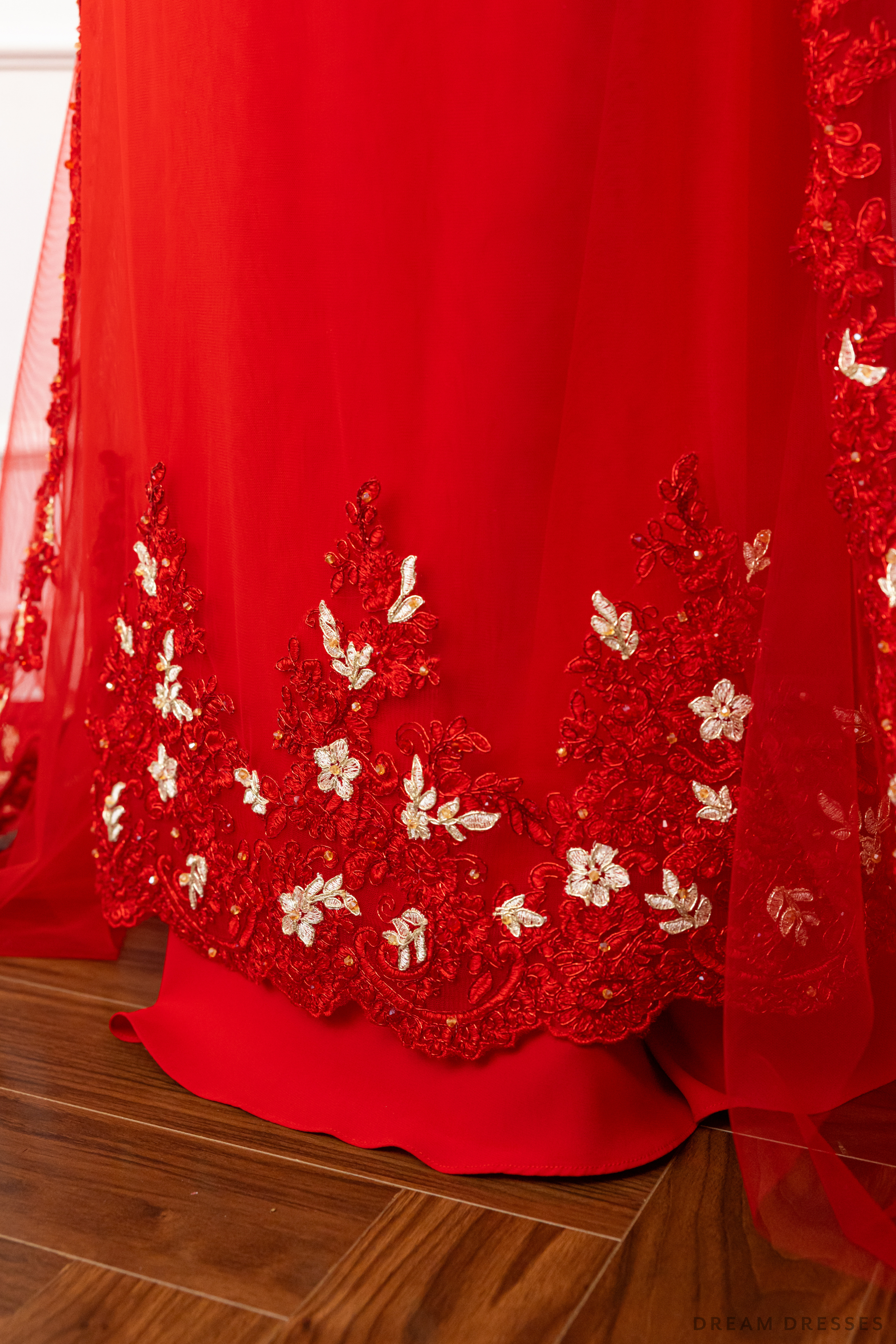 Red Bridal Ao Dai with Red and Gold Lace | Vietnamese Bridal Dress (#AMEE) - Dream Dresses by P.M.N.