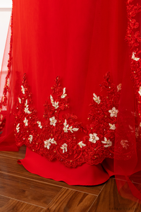 Red Bridal Ao Dai with Red and Gold Lace | Vietnamese Bridal Dress (#AMEE) - Dream Dresses by P.M.N.