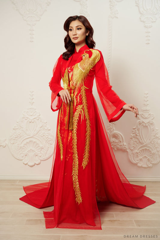 Red and Gold Ao Dai OverCoat | Traditional Vietnamese Bridal OverCoat  (#MYPHUONG) - Dream Dresses by P.M.N.