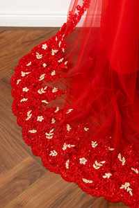 Red Bridal Ao Dai with Red and Gold Lace | Vietnamese Bridal Dress (#AMEE) - Dream Dresses by P.M.N.