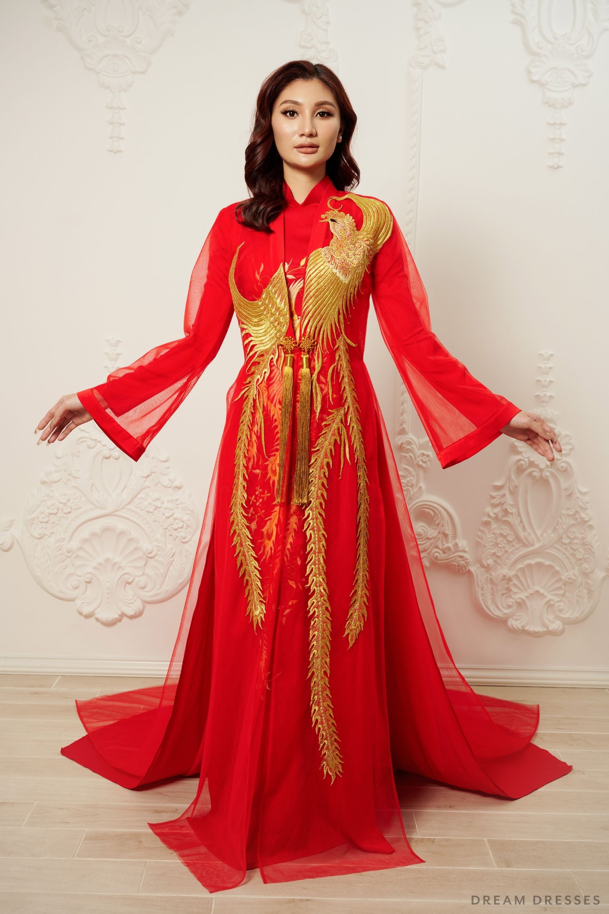 Red and Gold Ao Dai OverCoat Traditional Vietnamese Bridal