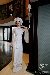 White Bridal Ao Dai with Colorful Embroidery (#XUAN)