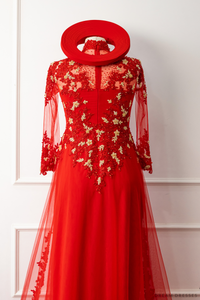 Red Bridal Ao Dai with Red and Gold Lace | Vietnamese Bridal Dress (#AMEE) - Dream Dresses by P.M.N.