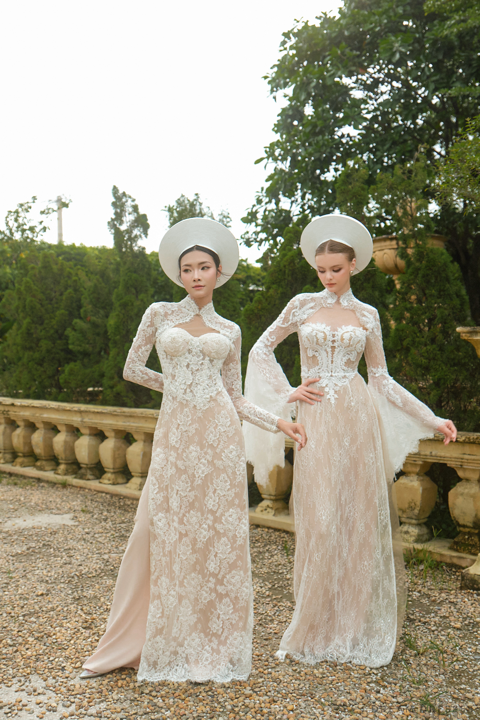 White Bridal Ao Dai | Modern Vietnamese Bridal Dress with French Lace (#VALERI)