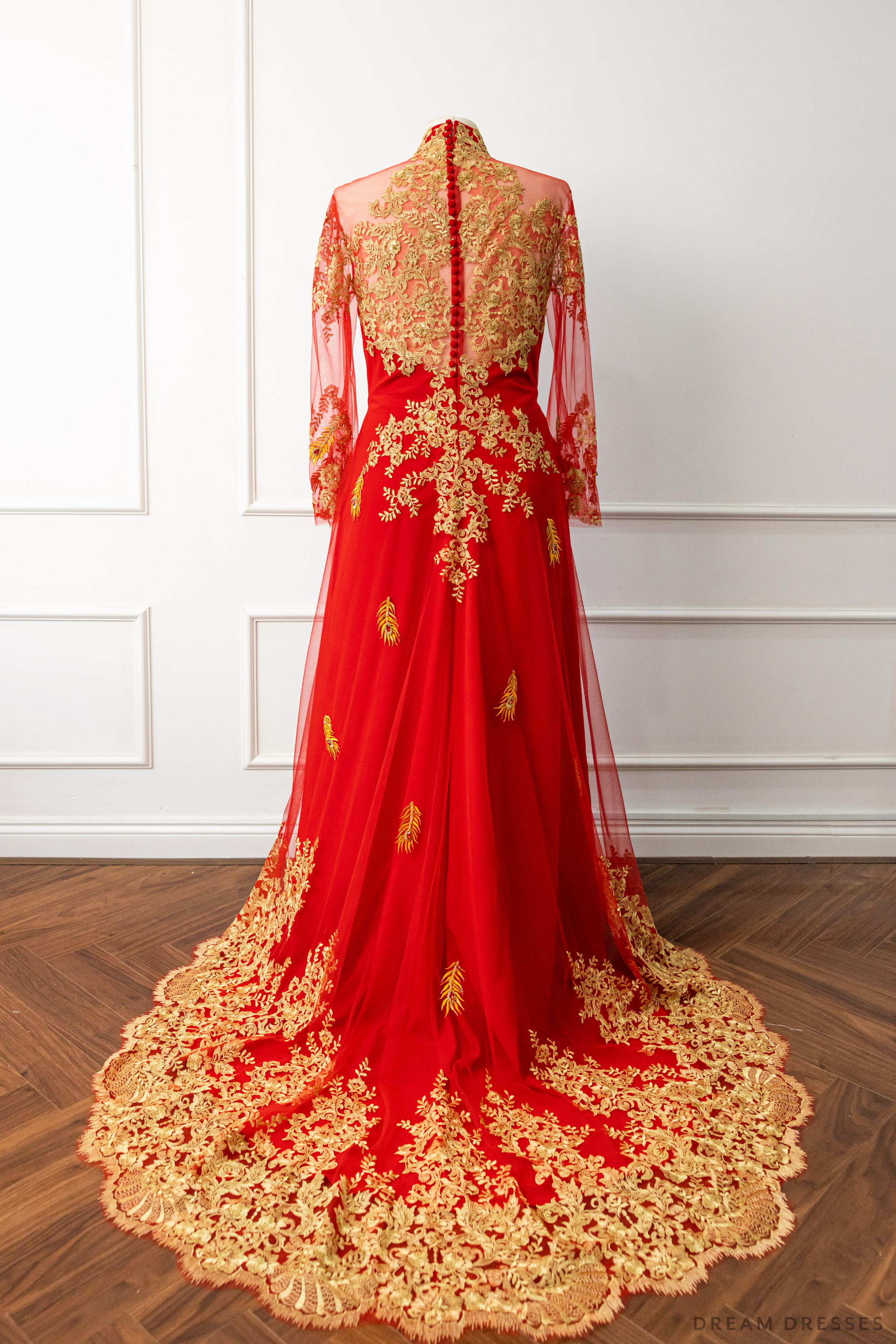 Red Bridal Ao Dai | Vietnamese Modern Bridal Dress with Phoenix Embroidery (#LYS) - Dream Dresses by P.M.N.