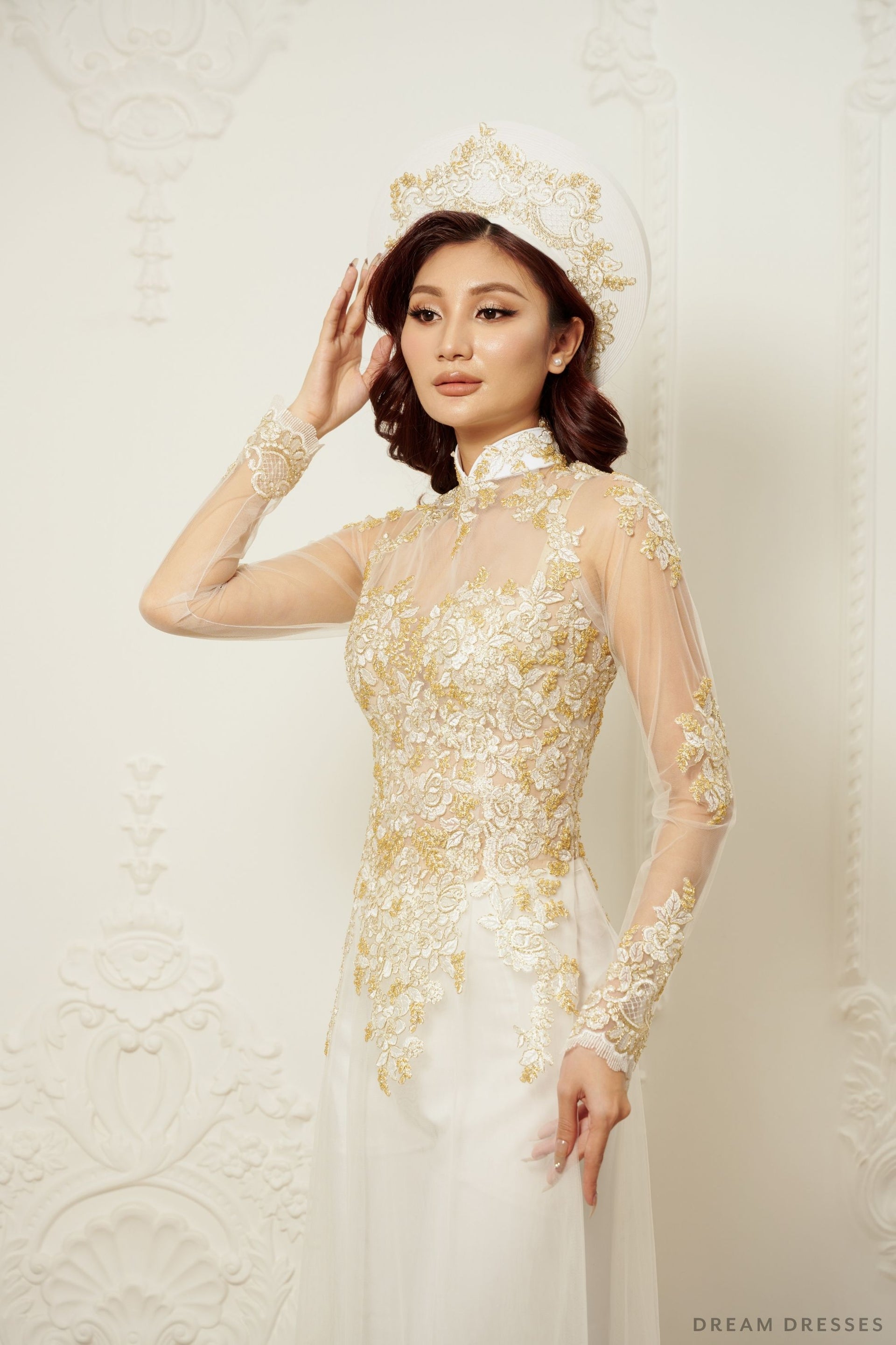 White Bridal Ao Dai | Vietnamese Traditional Bridal Dress with Gold Lace (#JIAYI) - Dream Dresses by P.M.N.