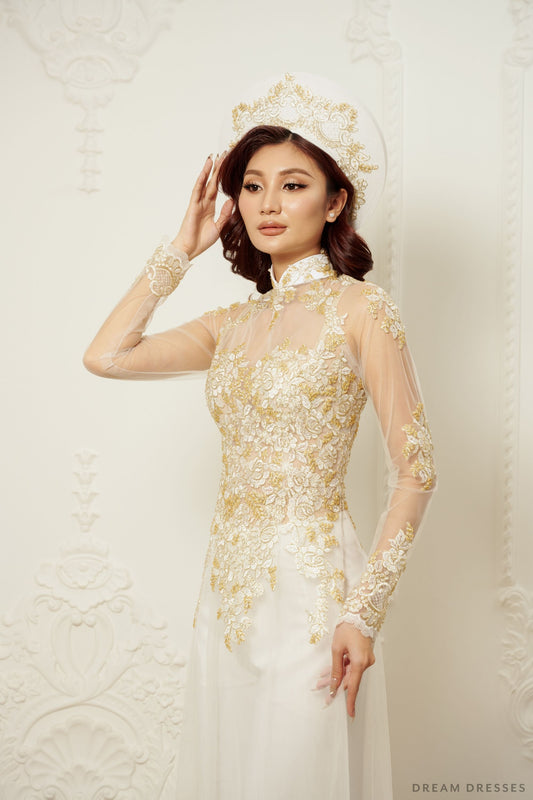 White Bridal Ao Dai | Vietnamese Traditional Bridal Dress with Gold Lace (#JIAYI) - Dream Dresses by P.M.N.
