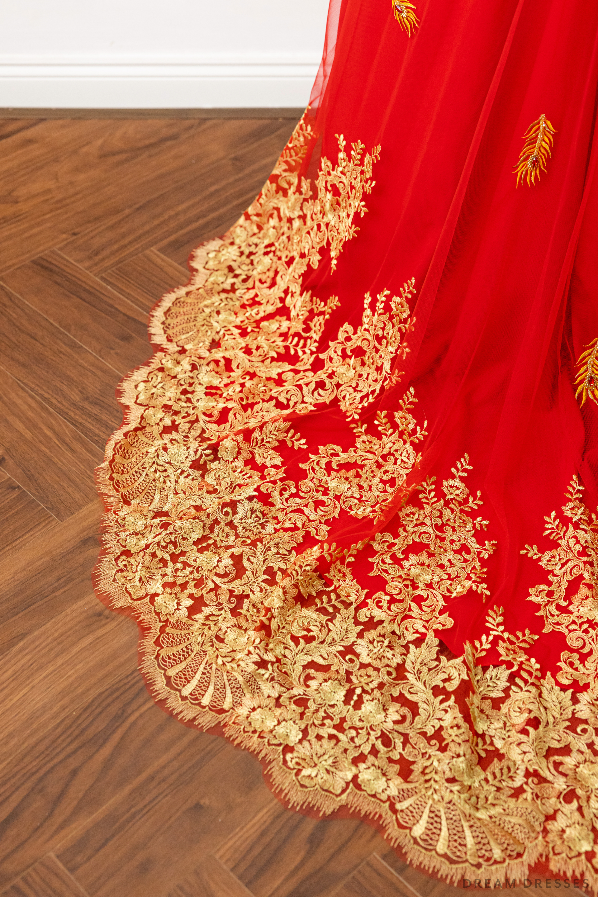 Red Bridal Ao Dai | Vietnamese Modern Bridal Dress with Phoenix Embroidery (#LYS) - Dream Dresses by P.M.N.