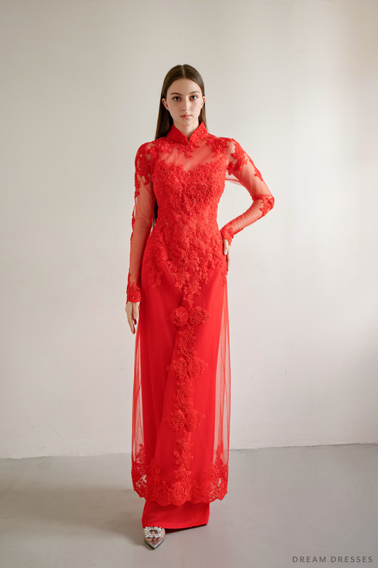 Red Bridal Ao Dai | Custom Made Vietnamese Bridal Dress (#AYLA) - Dream Dresses by P.M.N.