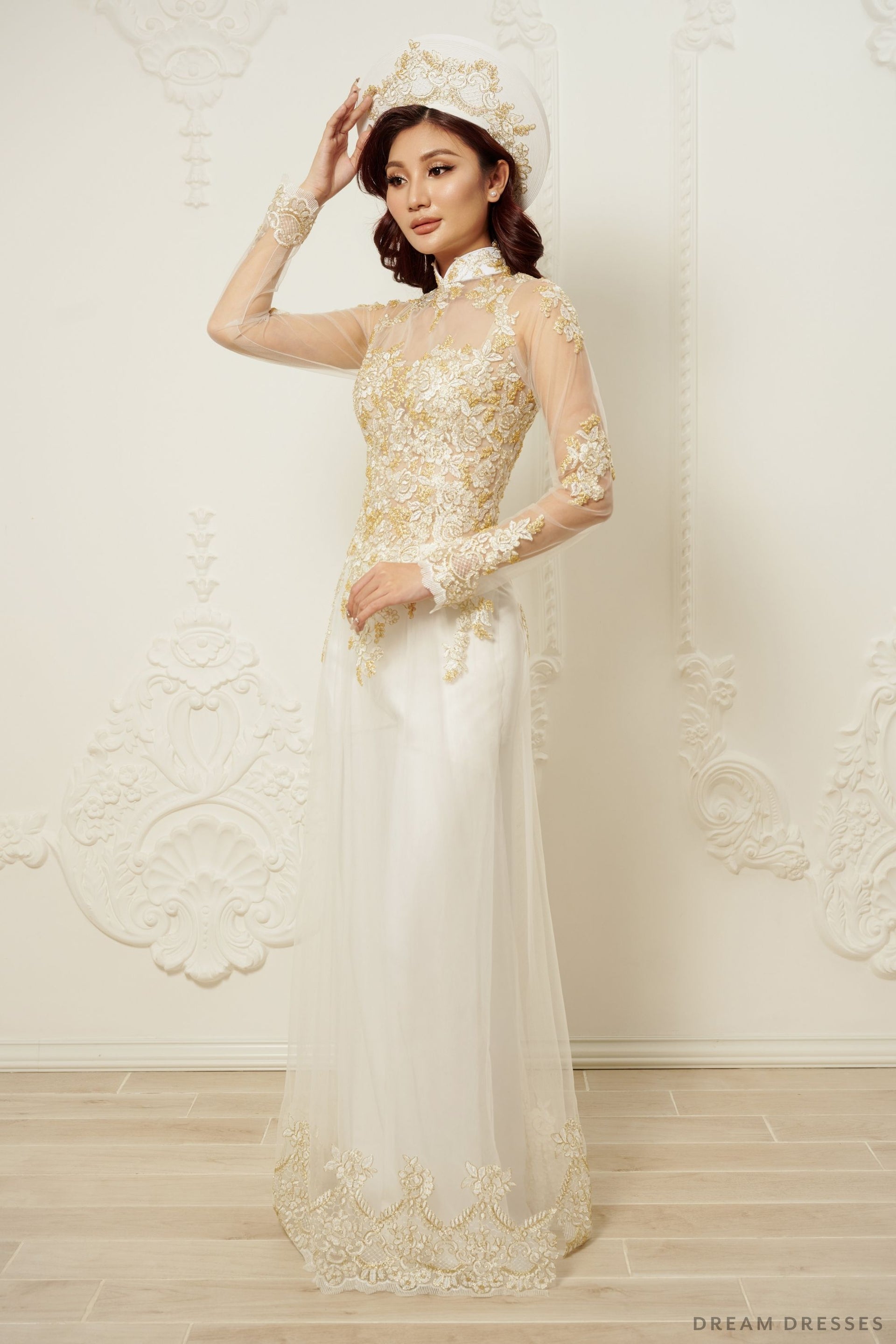 White Bridal Ao Dai | Vietnamese Traditional Bridal Dress with Gold Lace (#JIAYI) - Dream Dresses by P.M.N.