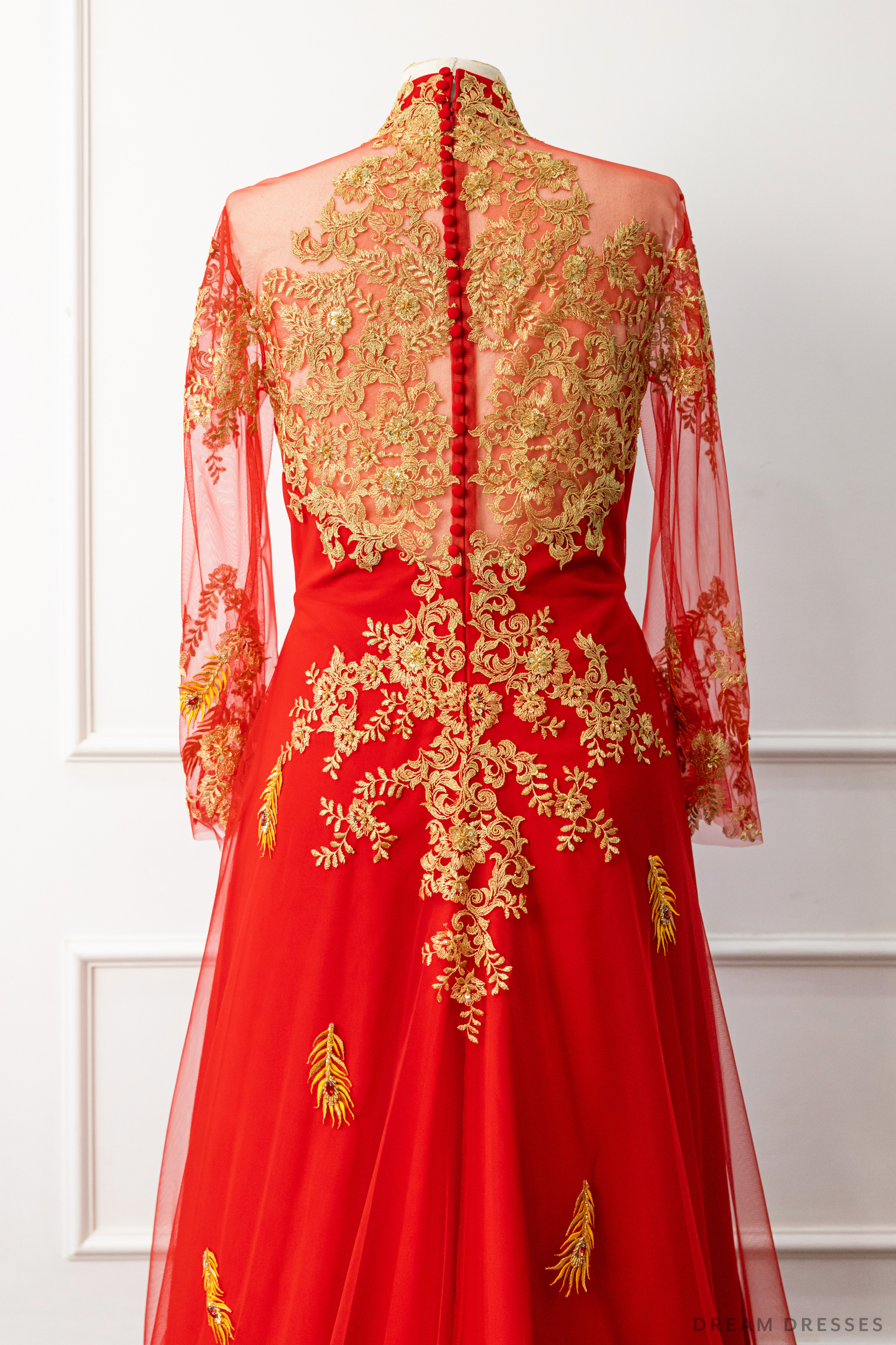 DreamDress By PMN Lys Ao Dai Inspired Red Wedding Dress Gown Illusion Neckline See-Through Back Phoenix Embroidery Red Pants