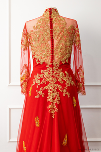 Red Bridal Ao Dai | Vietnamese Modern Bridal Dress with Phoenix Embroidery (#LYS) - Dream Dresses by P.M.N.