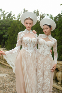 White Bridal Ao Dai | Modern Vietnamese Bridal Dress with French Lace (#RUBINA) - Dream Dresses by P.M.N.