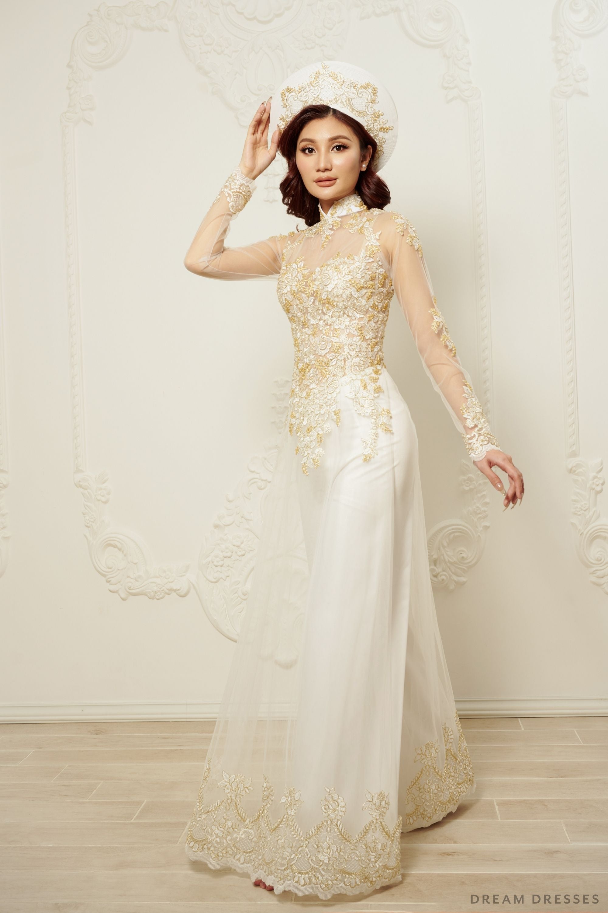 Dream Dresses by P.M.N. White Bridal AO Dai | Vietnamese Traditional Bridal Dress with Gold Lace (#JIAYI) 16