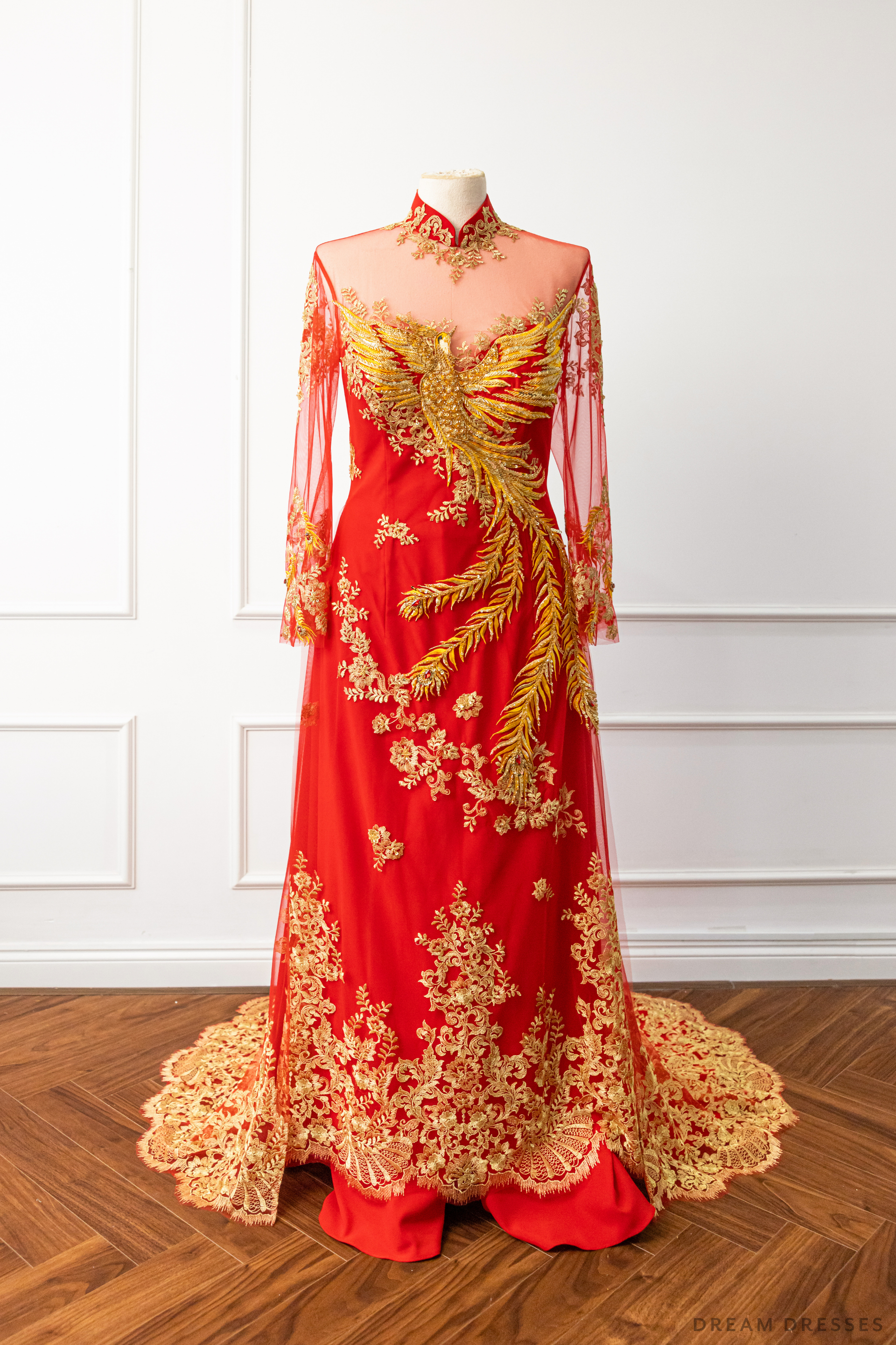 Red Bridal Ao Dai | Vietnamese Modern Bridal Dress with Phoenix Embroidery (#LYS) - Dream Dresses by P.M.N.