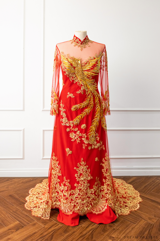 Red Bridal Ao Dai | Vietnamese Modern Bridal Dress with Phoenix Embroidery (#LYS) - Dream Dresses by P.M.N.