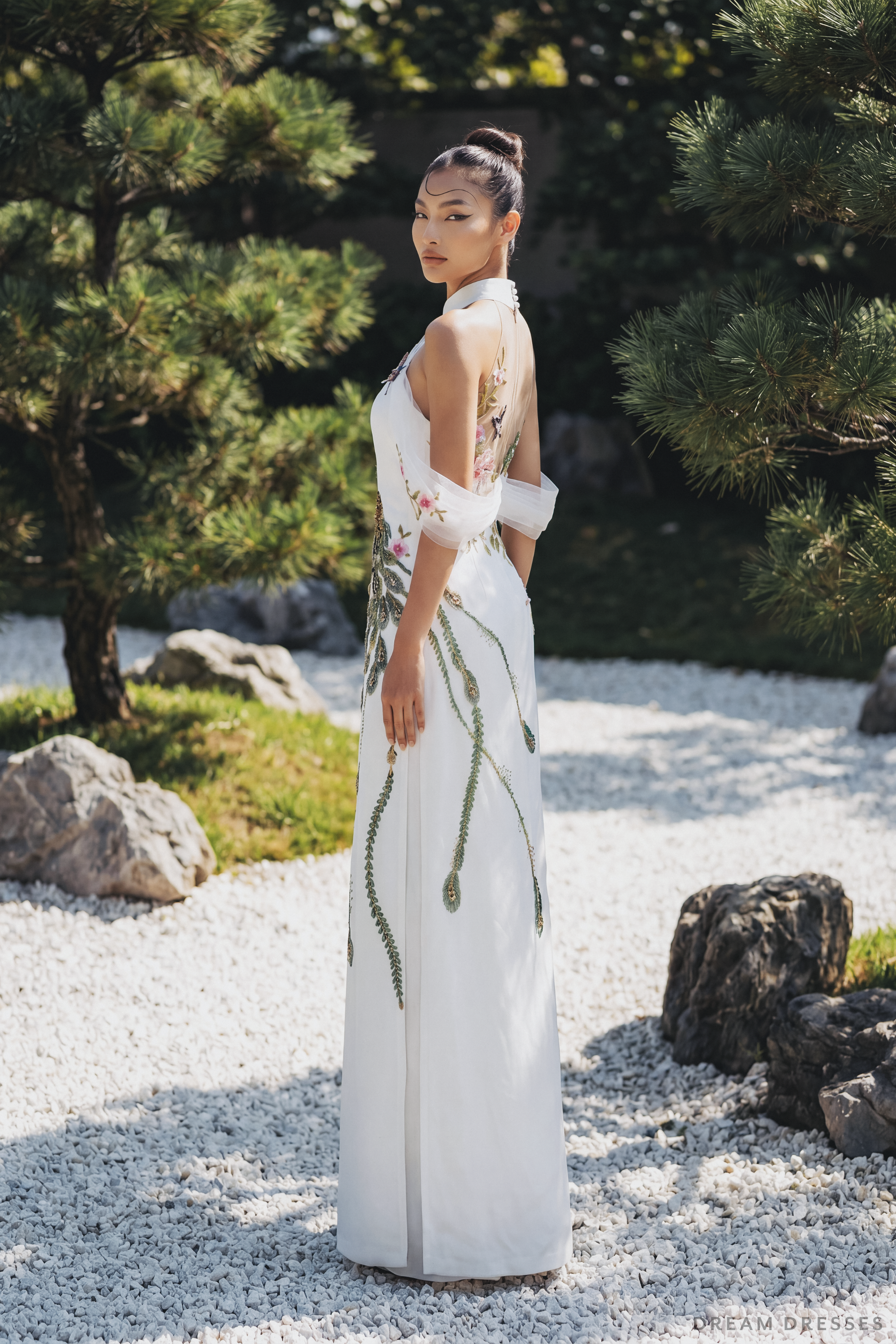 White Bridal Ao Dai with Peacock Embellishments | Modern Vietnamese Bridal Dress (#AILA)