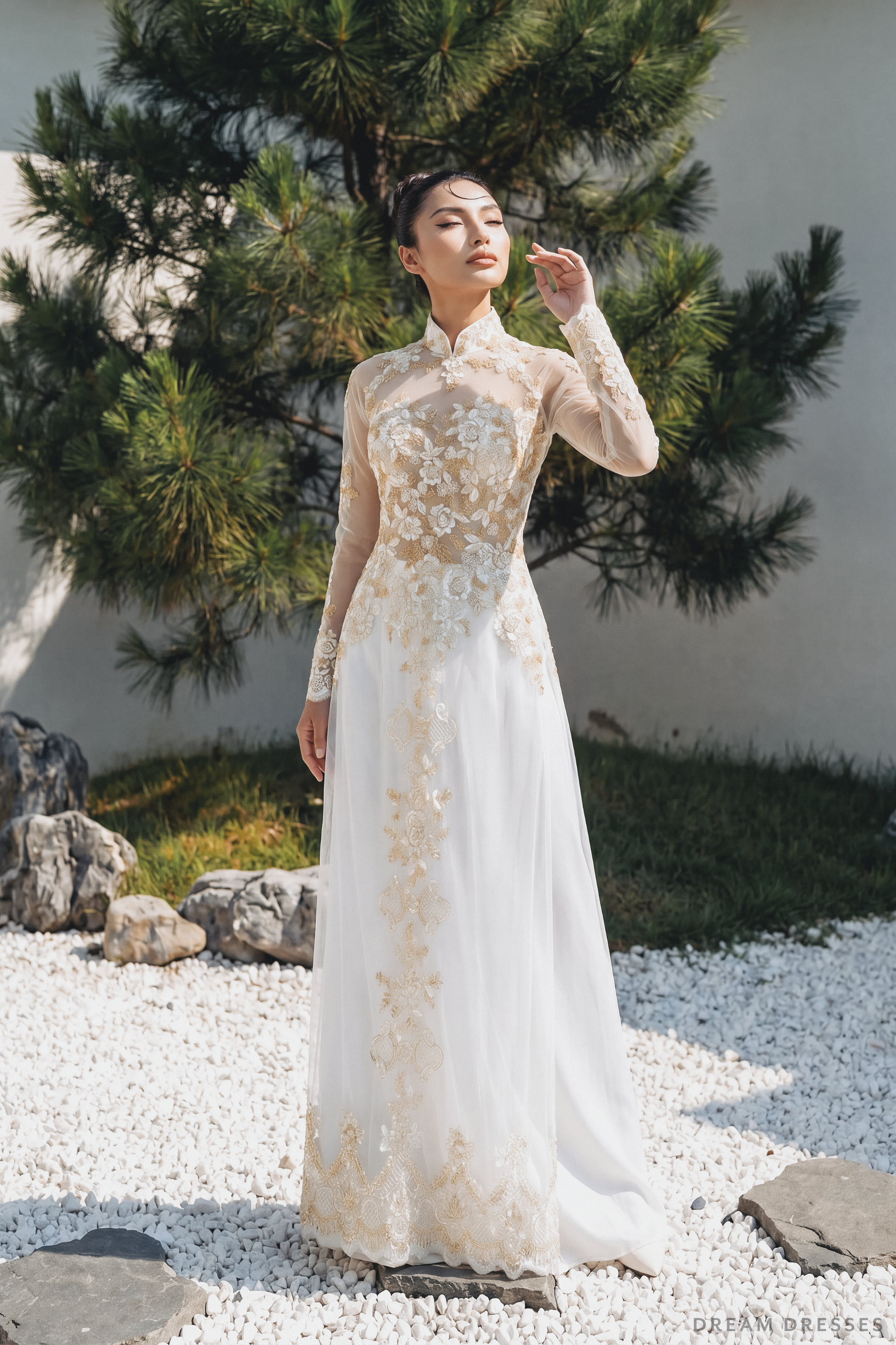 DreamDress By PMN Ivy Ao Dai Inspired Wedding Dress Gown White Illusion Front & Back Gold Beadings Floral Embellished