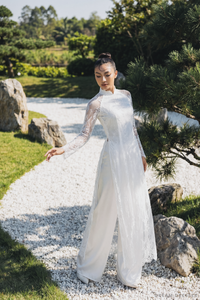 White Bridal Ao Dai | Vietnamese Traditional Bridal Dress with Couture Lace (#DYNASTY) - Dream Dresses by P.M.N.