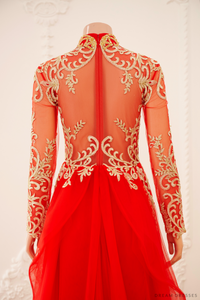 Red Bridal Ao Dai | Vietnamese Traditional Bridal Dress with Gold Lace (#GIATUE) - Dream Dresses by P.M.N.