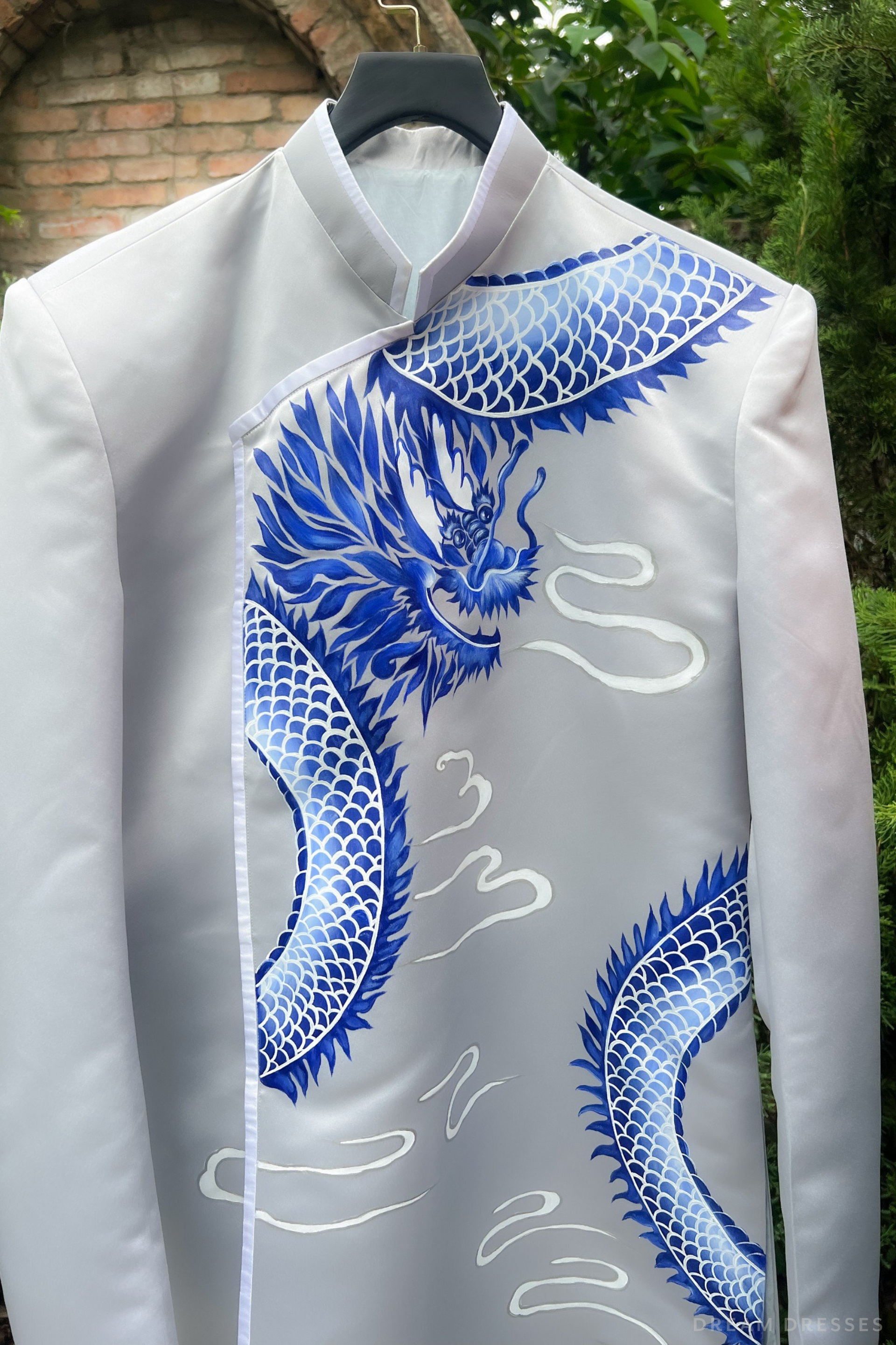 Gray and Blue Groom Ao Dai Jacket | Hand-Painted Dragon Vietnamese Ao Dai (#Khiem) - Dream Dresses by P.M.N.
