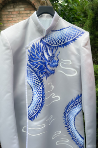 Gray and Blue Groom Ao Dai Jacket | Hand-Painted Dragon Vietnamese Ao Dai (#Khiem) - Dream Dresses by P.M.N.