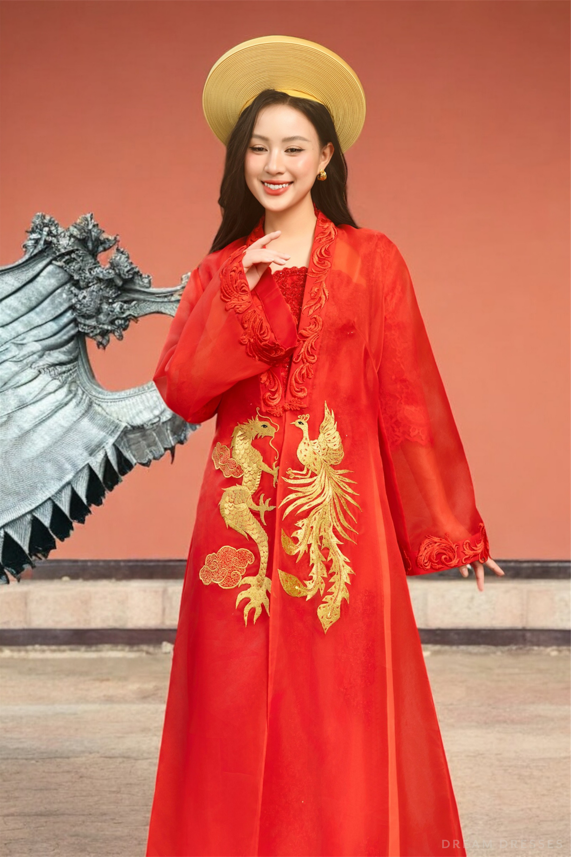 Red and Gold Ao Dai OverCoat | Traditional Vietnamese Bridal OverCoat  (#ANNA) - Dream Dresses by P.M.N.