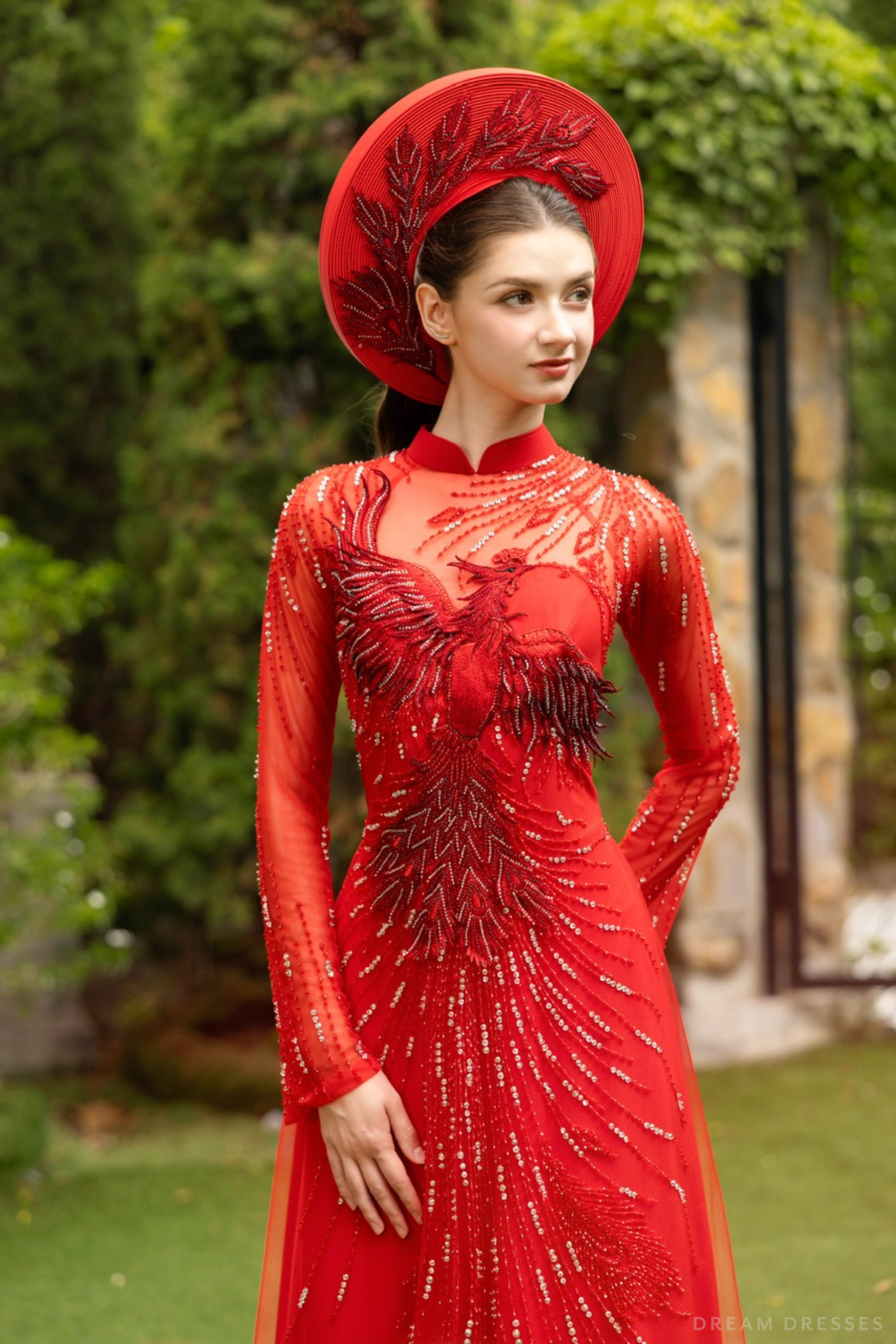 DreamDress By PMN Angela Ao Dai Inspired Red Wedding Dress Gown Illusion Neckline& Back Phoenix Embroidery Red Pants | Size: 4 DreamDress By PMN Angela Ao Dai Inspired Red Wedding Dress Gown Illusion Neckline& Back Phoenix Embroidery Red Pants | Size: 4