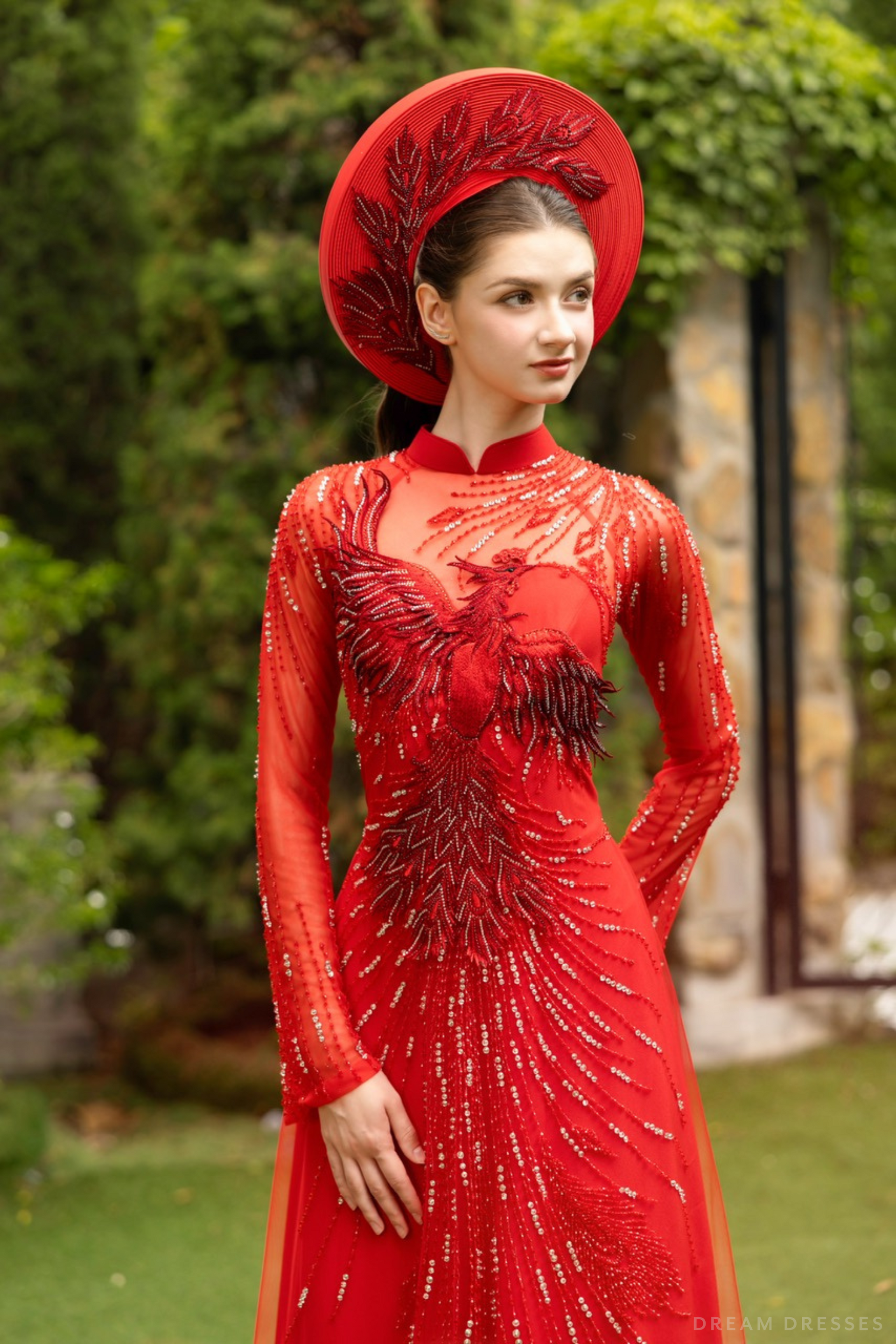 Red Bridal Ao Dai | Modern Vietnamese Bridal Dress with Phoenix Embroidery (#ANGELA) - Dream Dresses by P.M.N.