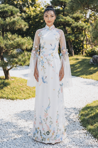 White Bridal Ao Dai with Colorful Embroidery (#XUAN) - Dream Dresses by P.M.N.