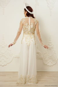 White Bridal Ao Dai | Vietnamese Traditional Bridal Dress with Gold Lace (#JIAYI) - Dream Dresses by P.M.N.