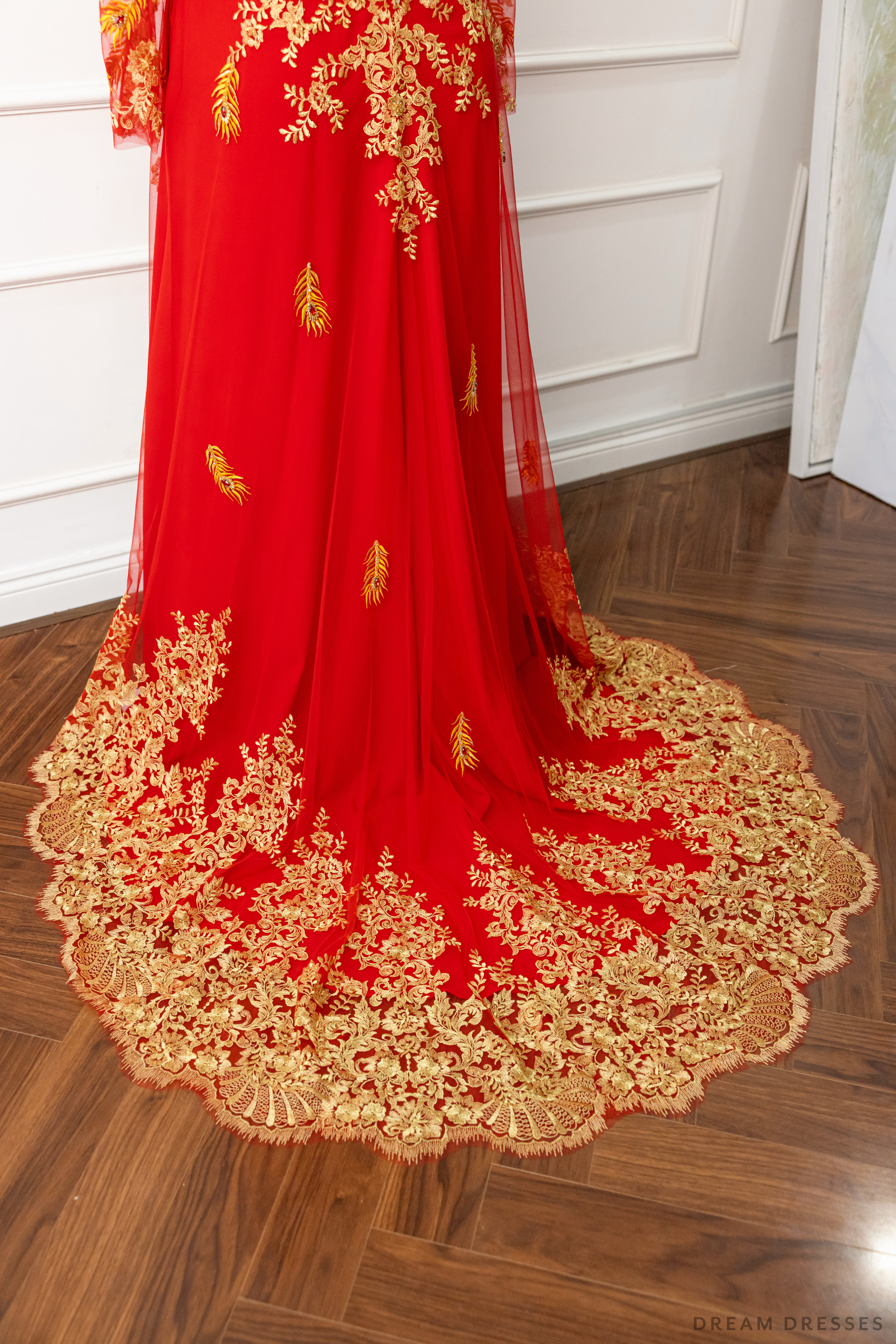 DreamDress By PMN Lys Ao Dai Inspired Red Wedding Dress Gown Illusion Neckline See-Through Back Phoenix Embroidery Red Pants | Size: 10 DreamDress By PMN Lys Ao Dai Inspired Red Wedding Dress Gown Illusion Neckline See-Through Back Phoenix Embroidery Red Pants | Size: 10
