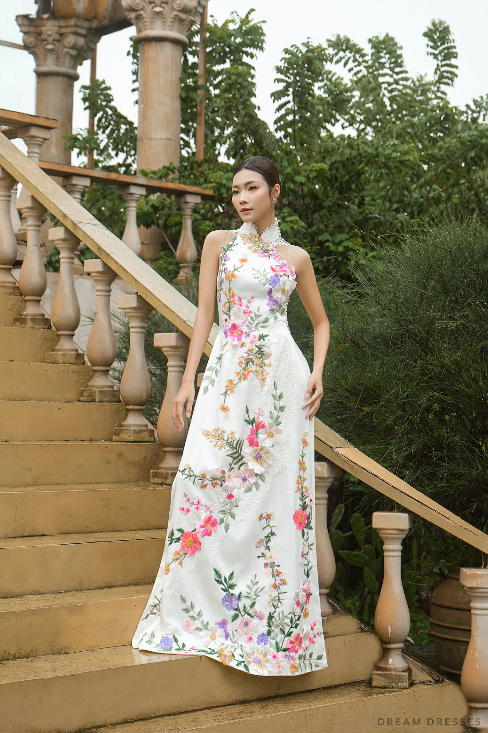 White Bridal Ao Dai | Modern Vietnamese Bridal Dress with Floral Lace (#AURELINA)