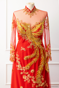 Red Bridal Ao Dai | Vietnamese Modern Bridal Dress with Phoenix Embroidery (#LYS) - Dream Dresses by P.M.N.