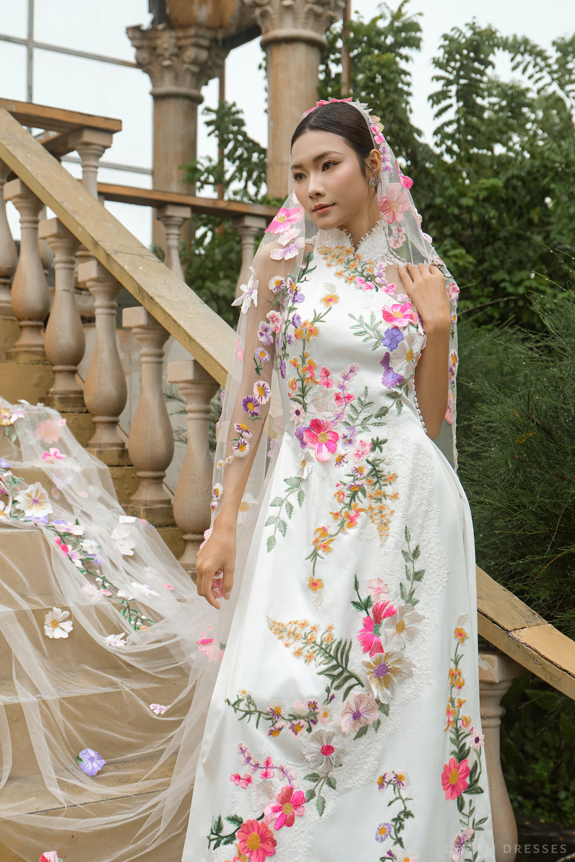 White Bridal Ao Dai | Modern Vietnamese Bridal Dress with Floral Lace (#AURELINA)