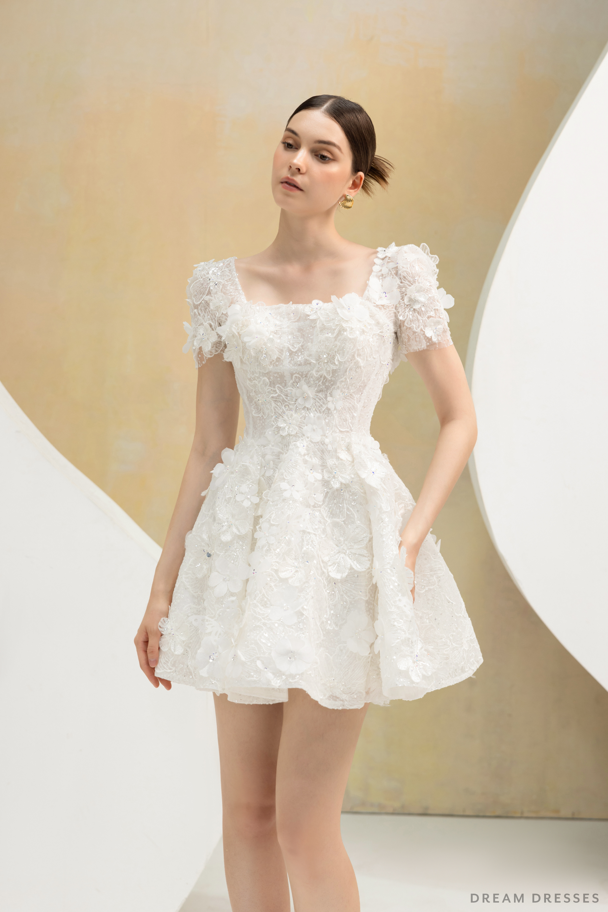 Short Sleeve Mini Couture Dress with 3D Lace by Nalini Short Sleeve Mini Couture Dress with 3D Lace by Nalini
