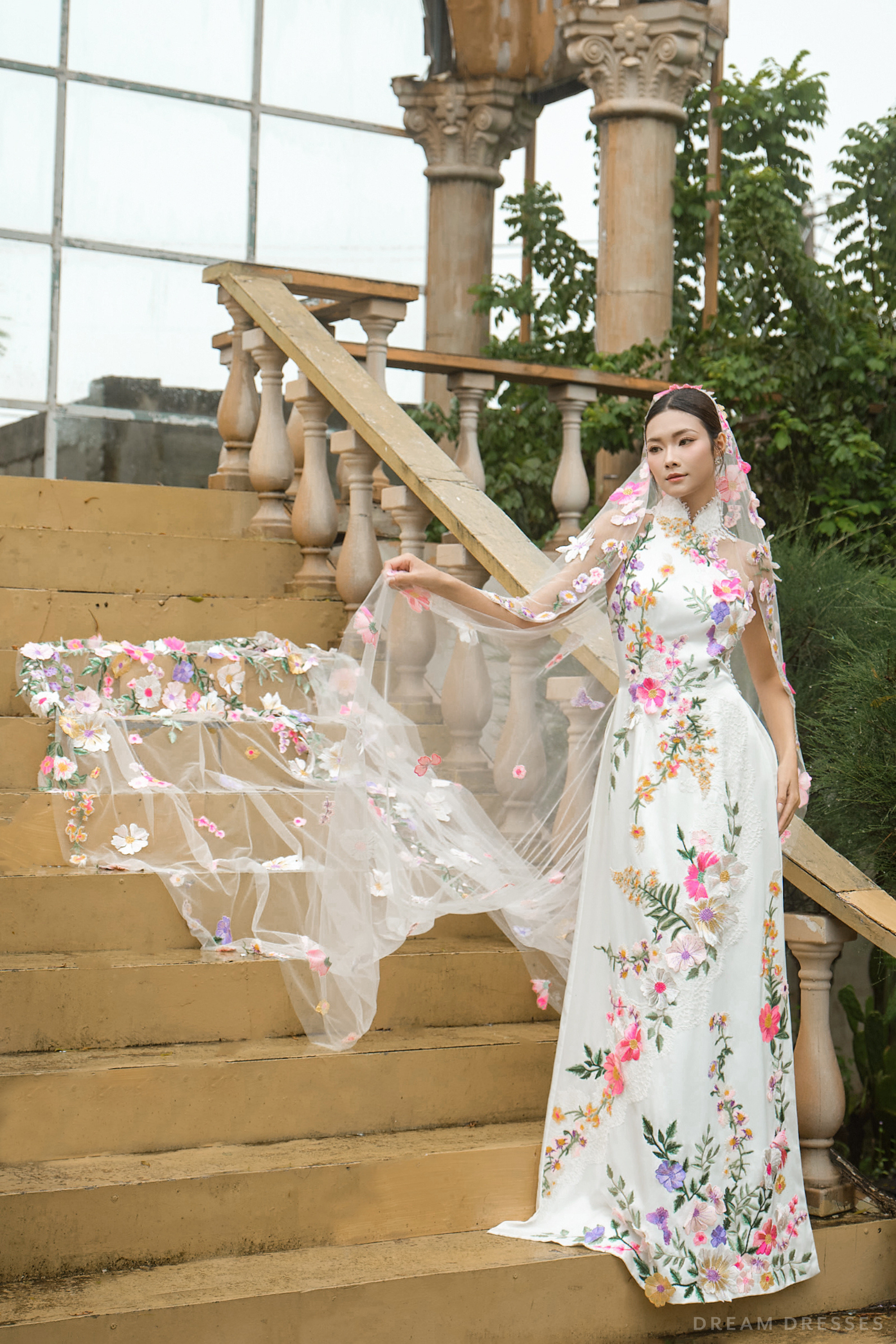 White Bridal Ao Dai | Modern Vietnamese Bridal Dress with Floral Lace (#AURELINA)