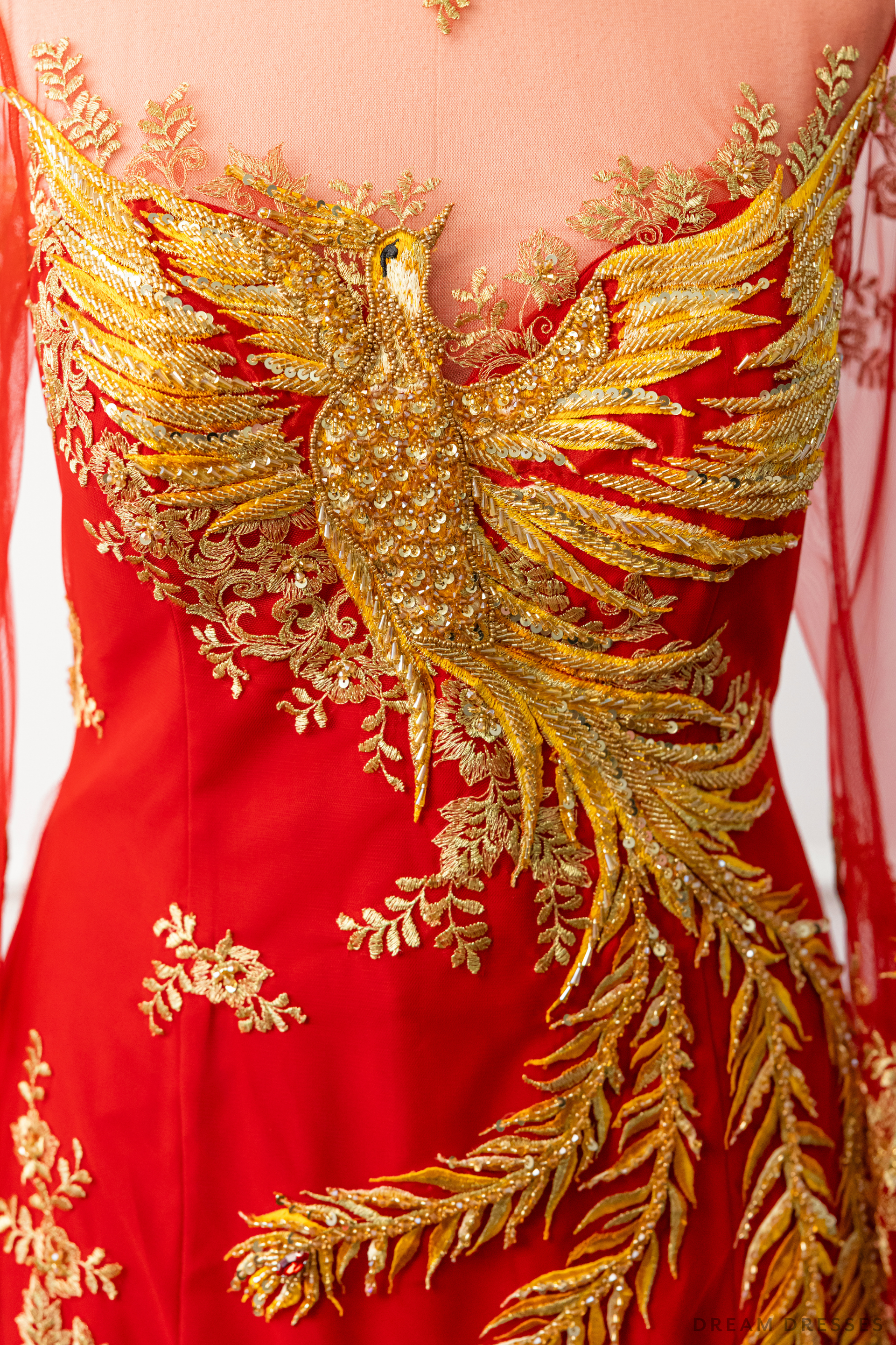 Red Bridal Ao Dai | Vietnamese Modern Bridal Dress with Phoenix Embroidery (#LYS) - Dream Dresses by P.M.N.