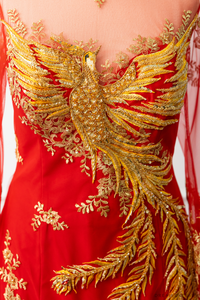 Red Bridal Ao Dai | Vietnamese Modern Bridal Dress with Phoenix Embroidery (#LYS) - Dream Dresses by P.M.N.