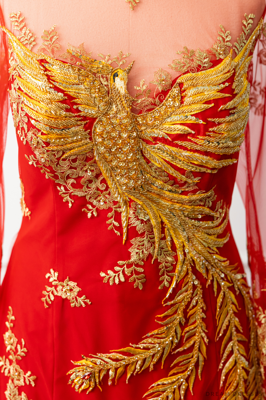 Red Bridal Ao Dai | Vietnamese Modern Bridal Dress with Phoenix Embroidery (#LYS) - Dream Dresses by P.M.N.