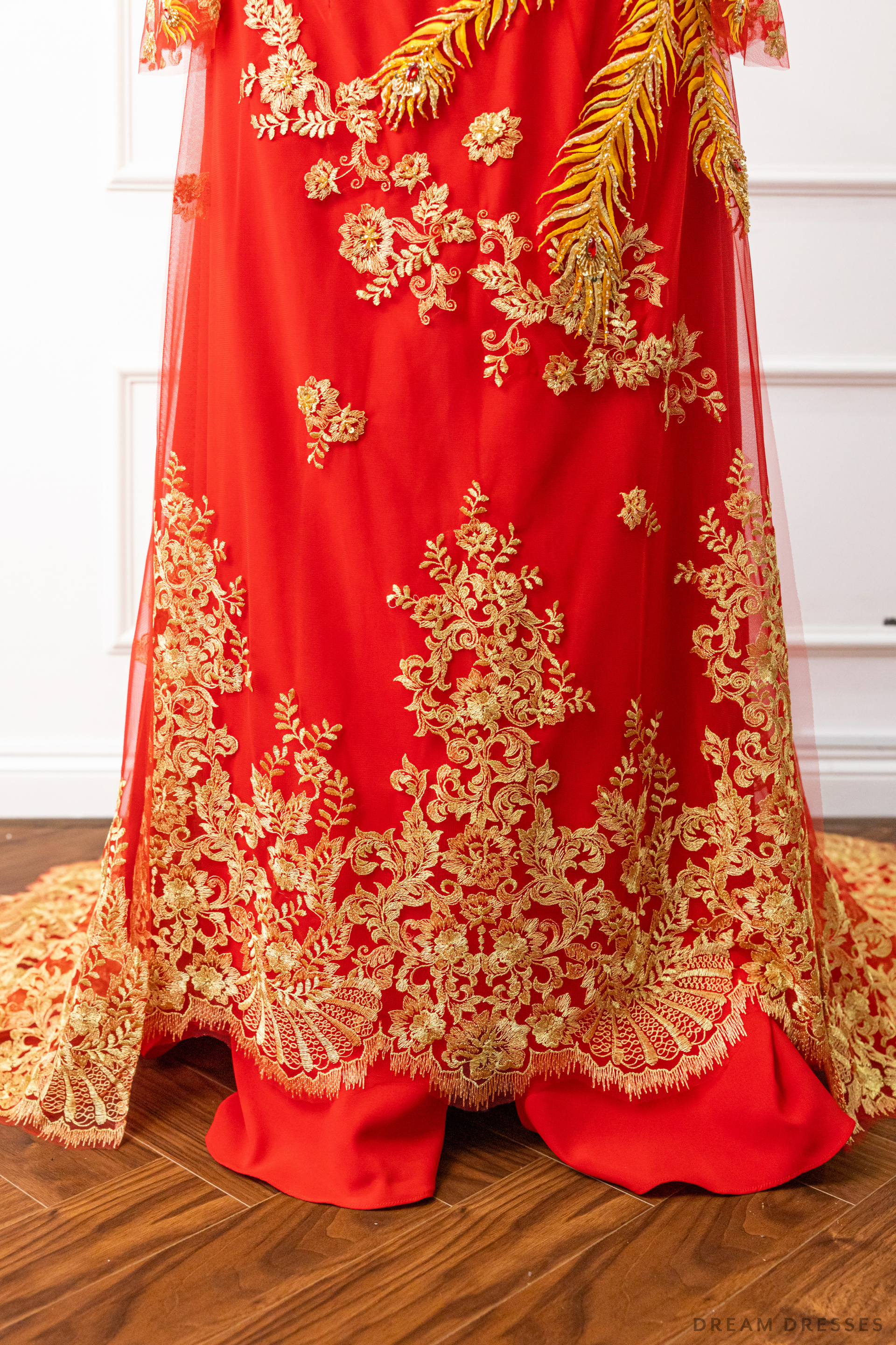 Red Bridal Ao Dai | Vietnamese Modern Bridal Dress with Phoenix Embroidery (#LYS) - Dream Dresses by P.M.N.