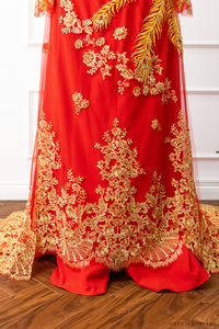 Red Bridal Ao Dai | Vietnamese Modern Bridal Dress with Phoenix Embroidery (#LYS) - Dream Dresses by P.M.N.