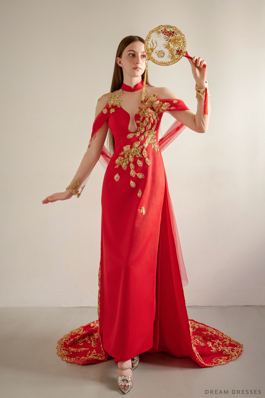 Red and Gold Wedding Qipao| Modern Bridal Qipao with Phoenix (#LILI) - Dream Dresses by P.M.N.