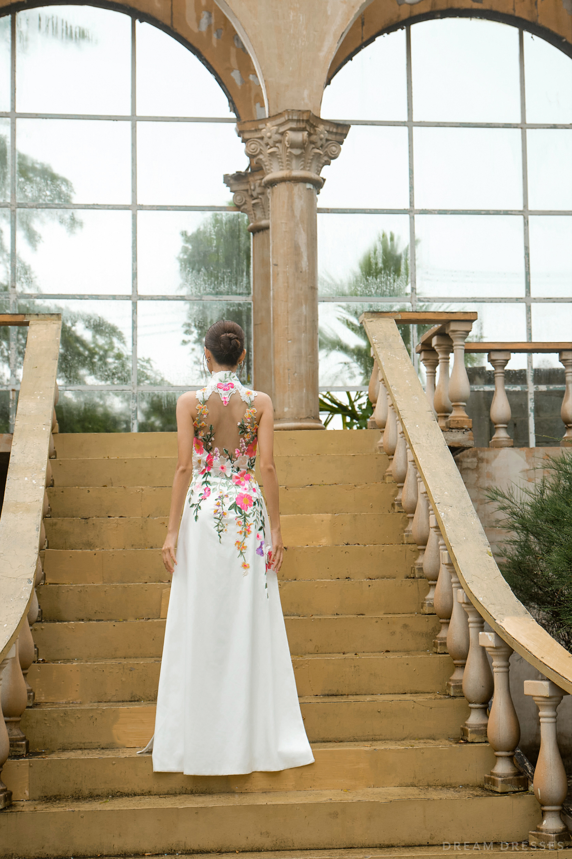 White Bridal Ao Dai | Modern Vietnamese Bridal Dress with Floral Lace (#AURELINA)