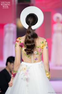 White Floral Embroidered Ao Dai | Vietnamese Modern Bridal Dress (#SAIKA) - Dream Dresses by P.M.N.