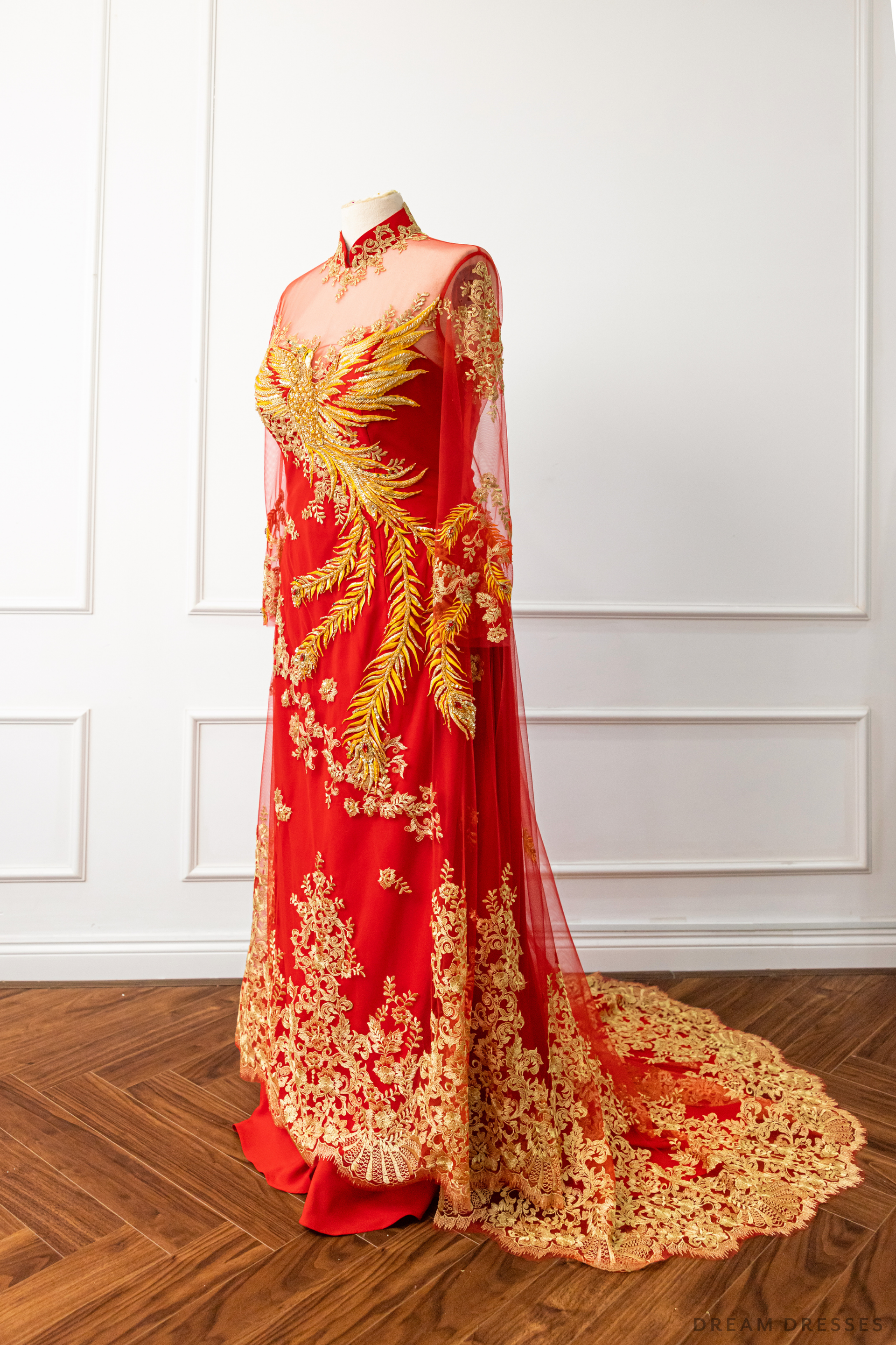 Red Bridal Ao Dai | Vietnamese Modern Bridal Dress with Phoenix Embroidery (#LYS) - Dream Dresses by P.M.N.