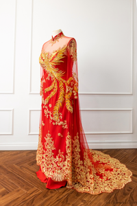 Red Bridal Ao Dai | Vietnamese Modern Bridal Dress with Phoenix Embroidery (#LYS) - Dream Dresses by P.M.N.