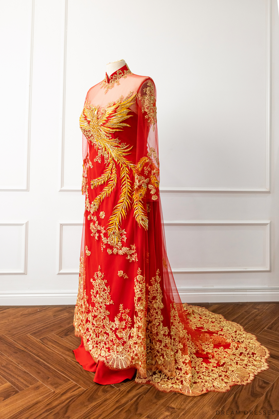 Red Bridal Ao Dai | Vietnamese Modern Bridal Dress with Phoenix Embroidery (#LYS) - Dream Dresses by P.M.N.