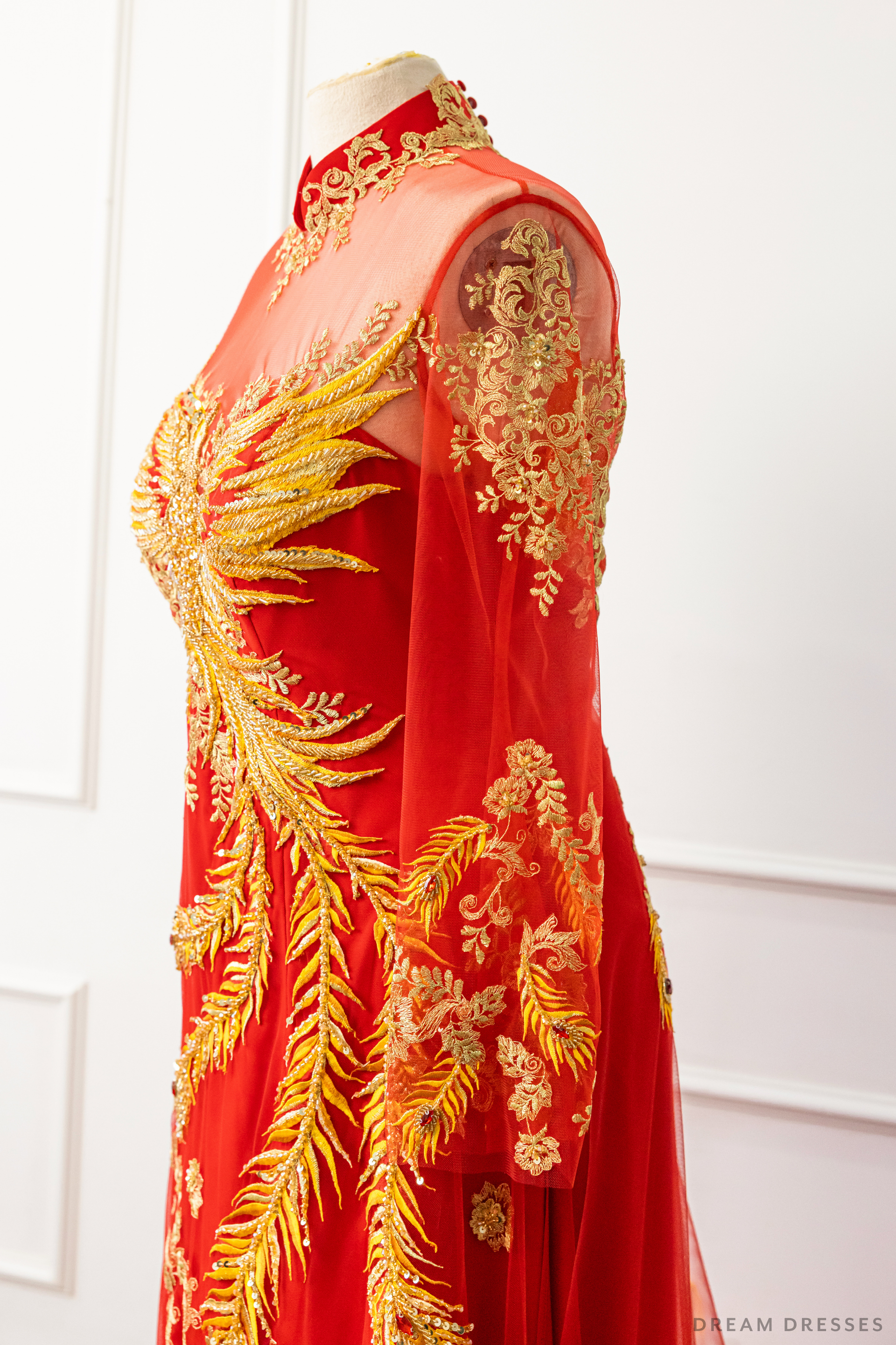 Red Bridal Ao Dai | Vietnamese Modern Bridal Dress with Phoenix Embroidery (#LYS) - Dream Dresses by P.M.N.